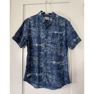 7 Diamonds Vintage Mens Blue White Distressed Print Short Sleeve Shirt Large